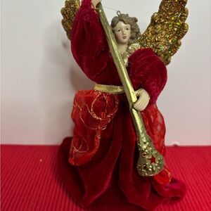 Elegant Red and Gold Christmas Angel Ornament/Tree TopperRed Velvet Dress